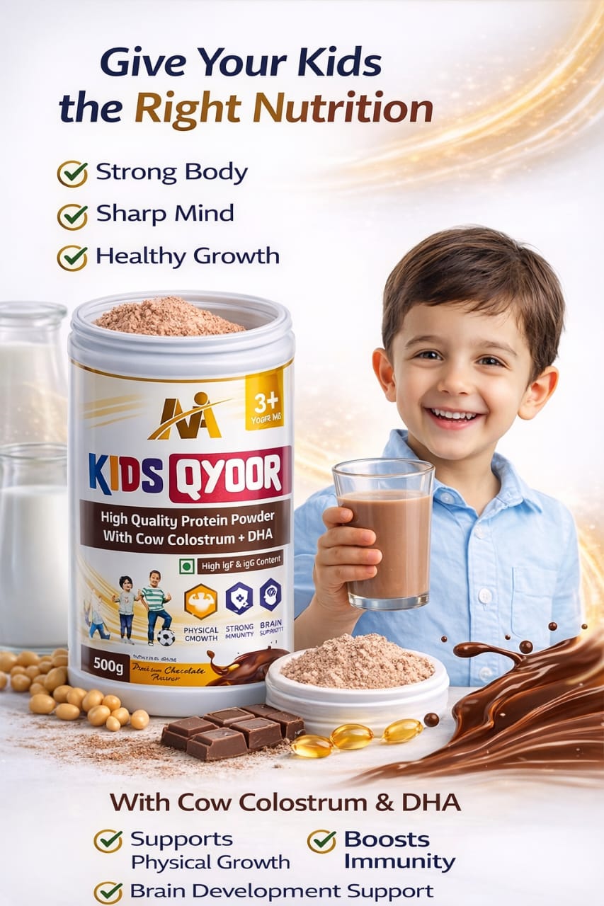 Kids Qyoor High Quality Protein Powder With Cow Colostrum + DHA | 3-10 Years | No Refined Sugar | 50+ essential Vitamin & mineral | Supports Overall Health & Boosts Immunity |